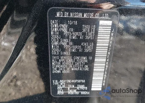 2019 Nissan Armada Platinum z USA, uszkodzony, nr VIN JN8AY2NE4K9756768